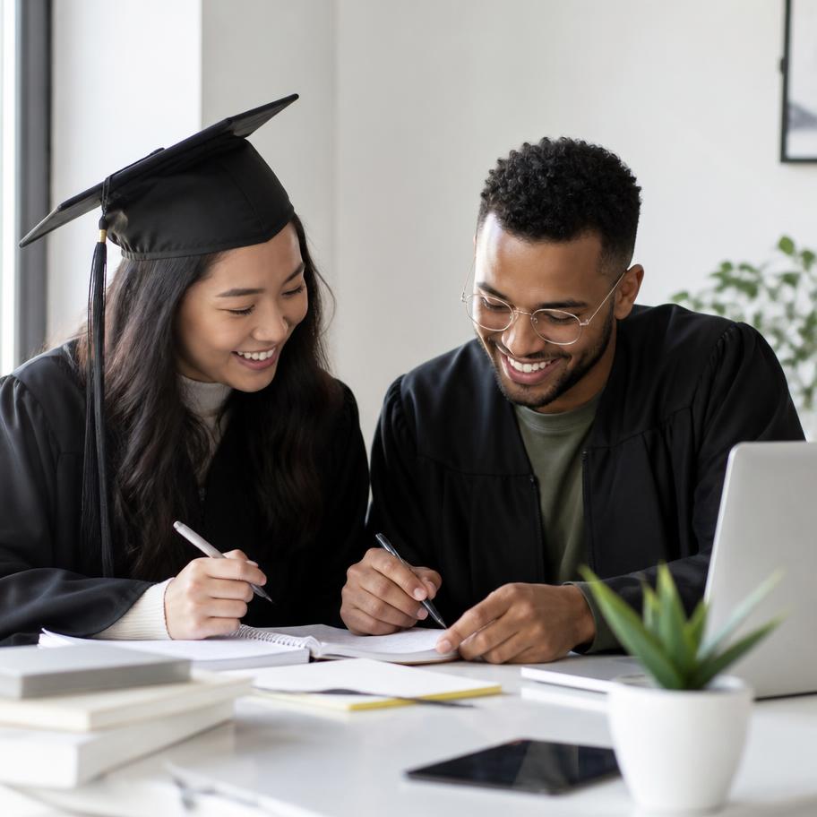 Two graduates studying together at a bright desk